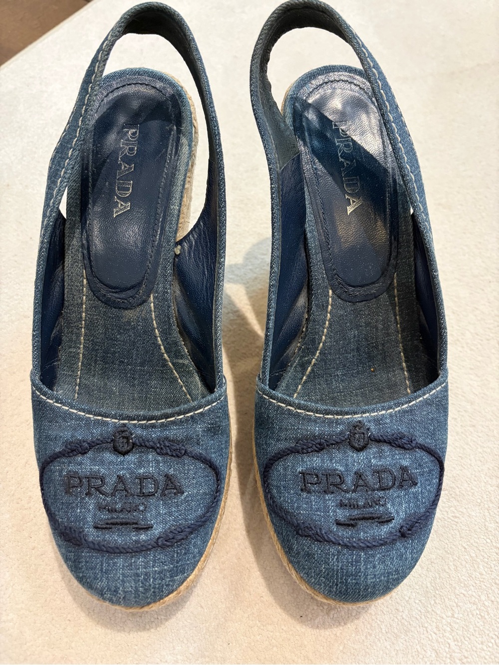 Prada Denim Blue Slingback Espadrille Wedges